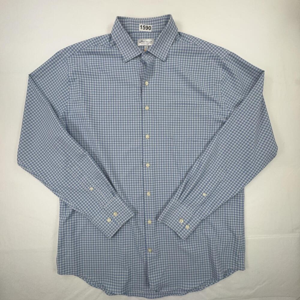 Peter Millar Dress Shirt Mens Large Blue Gingham Summer Comfort Long Sleeve